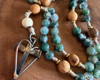 Protestant Fallowtide Prayer Beads | Christian Meditation | Moss Agate and Artisan Cross with Heart