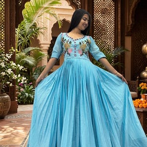 Sky Blue Mal Cotton Anarkali Gown | Hand Mirror Shisha Thread Embroidery | Full Flared Indian Ethnic Dress | Readymade Women