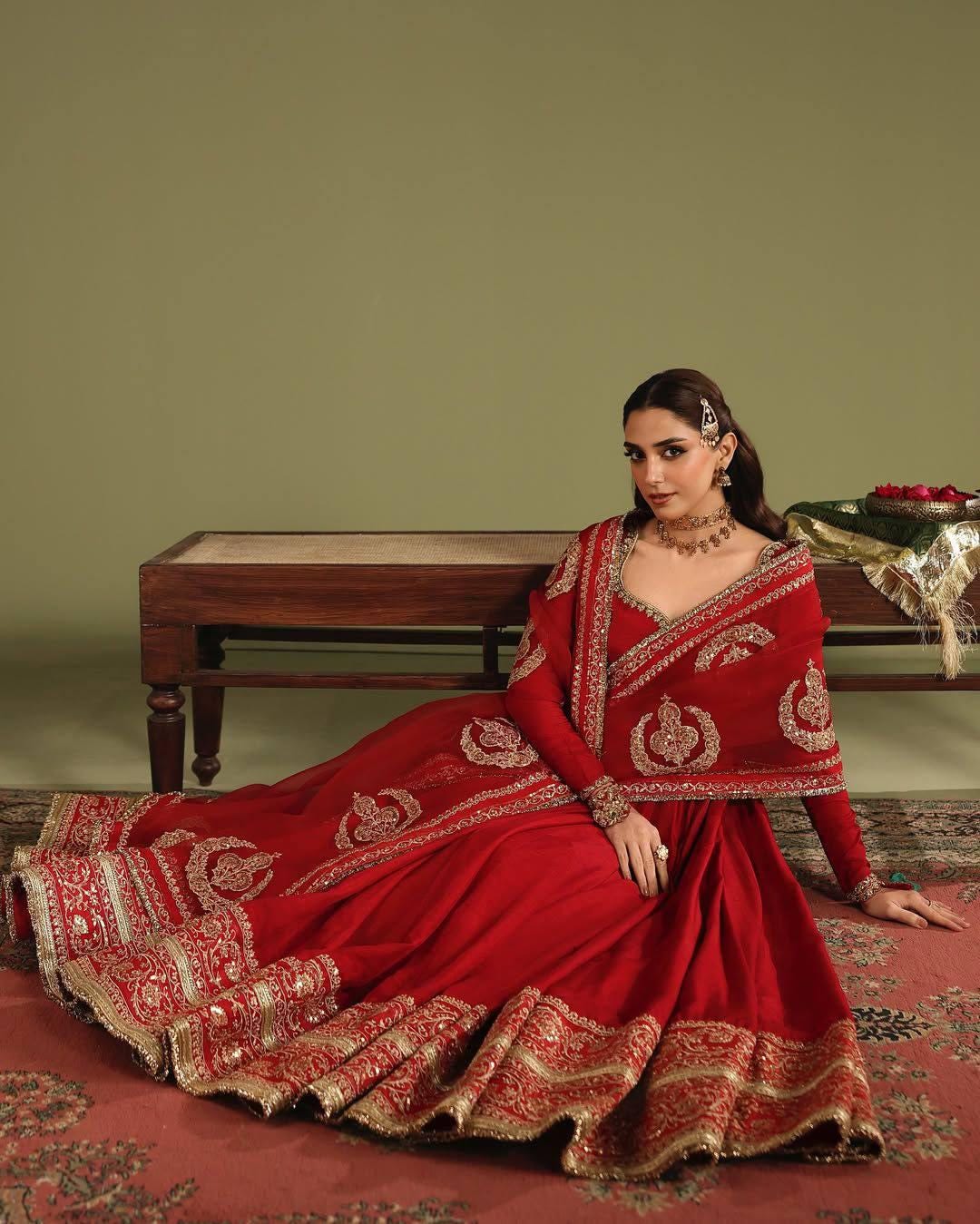 red designer anarkali dress Gown With Dupatta | Chinon Silk Sequin Zari Wedding silk bottom with santoon colorgrp-43156 Size:46W New Arrivals Wholesale Evening Wedding anarkali