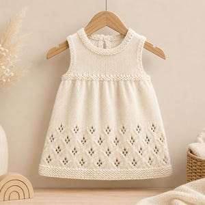 Può includere: Abito da neonata senza maniche, color crema, lavorato a maglia, con scollo tondo e motivo a rombi decorativo vicino all'orlo. L'abito è appeso a una gruccia di legno. L'abito è realizzato in filato morbido.