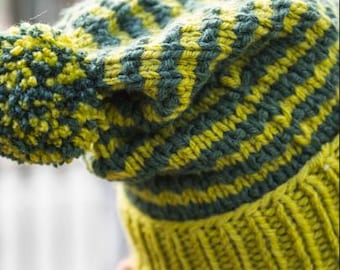 Striped Pom-Pom Hat Knitting Pattern | Easy Slouchy Beanie (PDF Download)