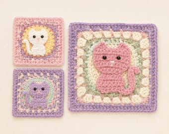 Crochet Granny Square Cat Coasters PDF Pattern Instant Download