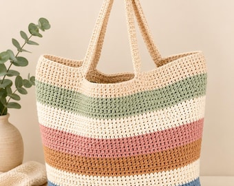 Striped Crochet Tote Bag PDF Pattern | Market Shopper Bag (Digital Download)