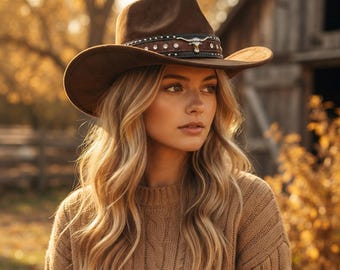 Women’s Western Cowboy Hat, Wide Brim Cowgirl Fedora, Vintage Rodeo Hat, Adjustable Country Hat, Ranch Wedding Festival Accessory