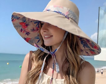 Floral Reversible Sun Hat, Extra Wide Brim Beach Hat for Women, Breathable UV Protection Travel Bucket Hat