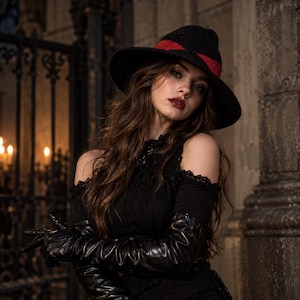 Peut inclure: Un chapeau fedora noir avec une bande rouge, un haut en dentelle noire à épaules dénudées et de longs gants en cuir noir. L'ensemble présente des textures sombres et une palette de couleurs coordonnée, soulignant le contraste entre les matières.