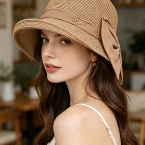 Straw Bucket Sun Hat for Women, Wide Brim UV Protection, Bow Detail, Summer Beach Hat