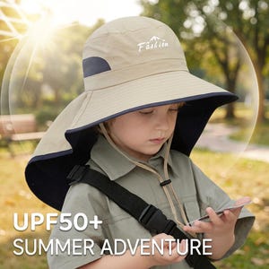 May include: A beige sun hat with a wide brim, a dark blue underside, and a neck flap. The front features the word Fashion with a mountain graphic. It includes an adjustable chin strap with a toggle and dark blue side panels for ventilation.