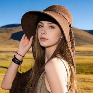 Hollow Out Neck Flap Bucket Sun Hat for Women, UV Protection Beach Hat, Foldable Adjustable Boho Travel Hiking Summer Hat