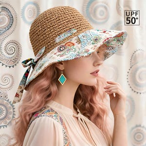 Sombrero de paja estilo bohemio de ala ancha, plegable y ajustable, con estampado y lazo, tipo cubo, con protección UV.