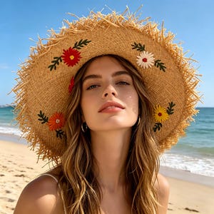 Fransk raffia blommig stråhatt med fransar, bred brätte, solhatt för strandsemester