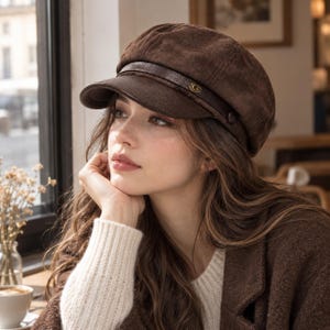 May include: A dark brown newsboy cap featuring a textured suede-like finish, a structured brim, and a decorative dark brown leather-look band across the front. The band is accented with a small, circular gold-toned metal emblem featuring the letter G.