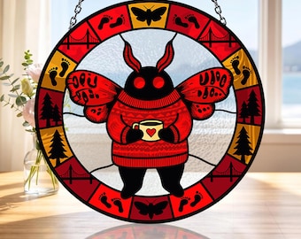 Mothman Stained Glass Suncatcher, Cozy Cryptid in Sweater Window Hanging, Spooky Cute Gothic Decor, Weirdcore Aesthetic Ornament Gift