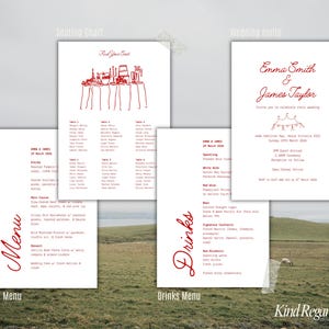May include: Wedding stationery set featuring a seating chart, invitation, food and drinks menus. The designs use red text and illustrations on white paper. The background shows a field with sheep.