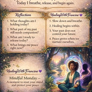 Könnte beinhalten: Digitaler Kunstdruck mit dem Text "Mindful Monday" und "HealingWithFrancine". Das Bild zeigt eine meditierende Frau in einem Wald, mit Text über Reflexion und Heilung.