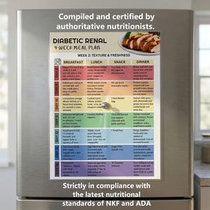 May include: A fridge door displays a printed 4-week meal plan for diabetic renal patients. The plan, titled "Diabetic Renal 4-Week Meal Plan," is divided into breakfast, lunch, snack, and dinner sections, with text that reads "Compiled and certified by authoritative nutritionists."