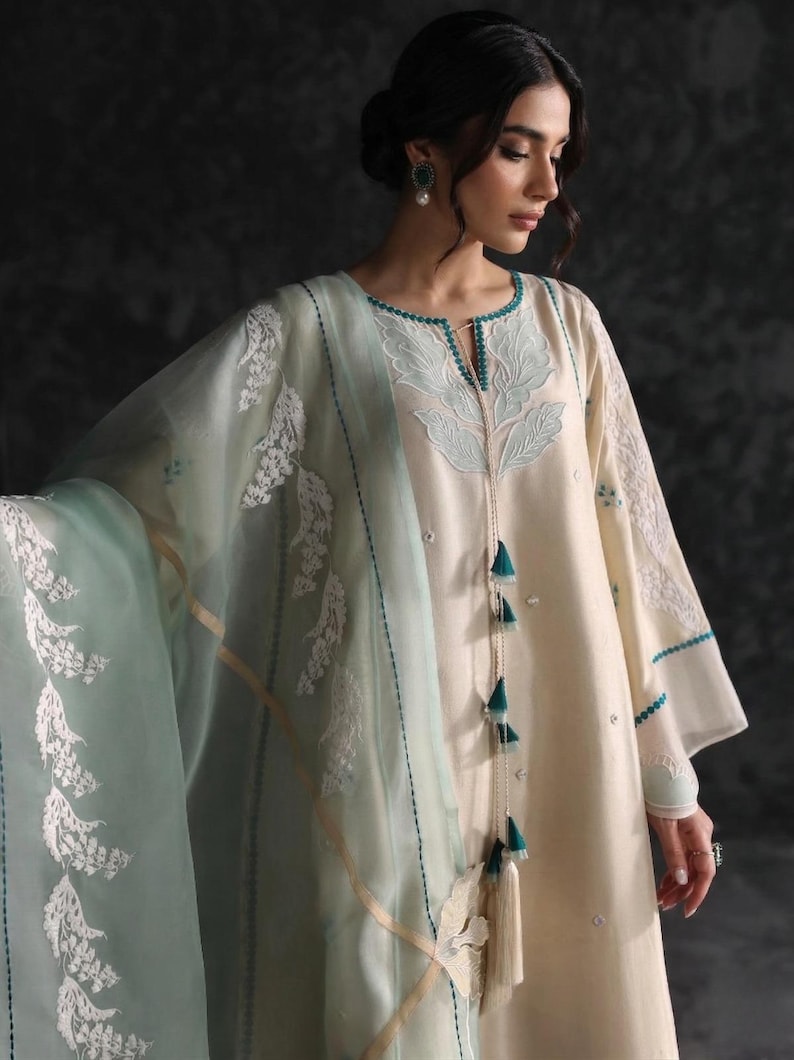 Pakistani Style Kurta Set, Butter Yellow Tabby Silk, Women's Ethnic Wear image 3