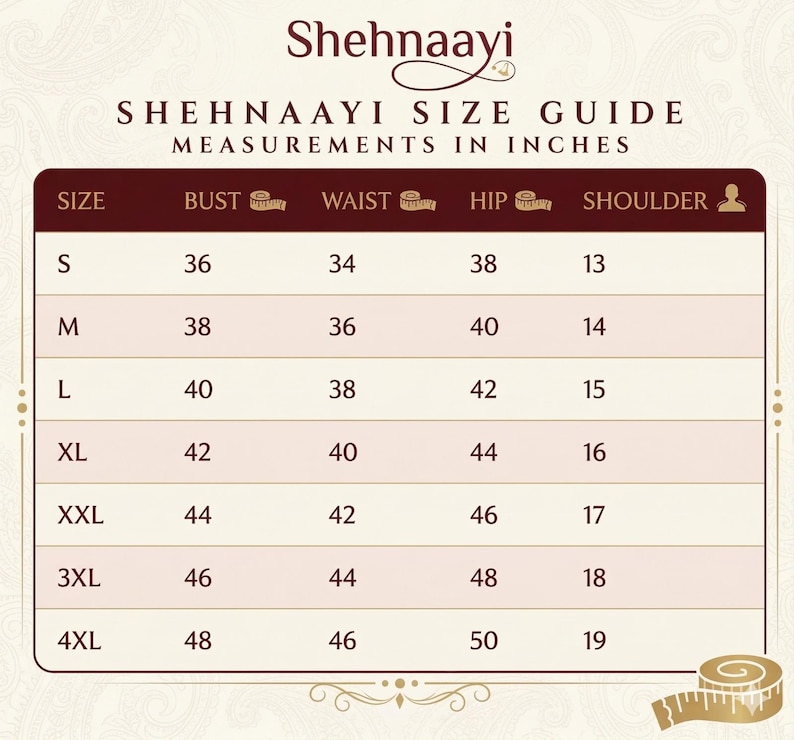May include: A size guide chart from Shehnaayi, with measurements in inches. The chart lists sizes S to 4XL, with bust, waist, hip, and shoulder measurements. The chart is in a cream and brown color scheme.