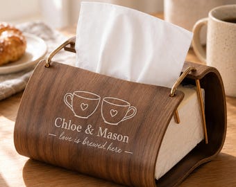 Personalized Wooden Tissue Box Cover, Custom Engraved Tissue Holder, Wedding Gift for Couple, Anniversary Gift, Housewarming Desk Decor