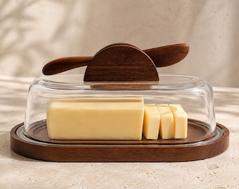 Butter Dish with Lid, Walnut Finish Butter Keeper with Wooden Knife, Covered Butter Tray, Farmhouse Kitchen Housewarming Gift