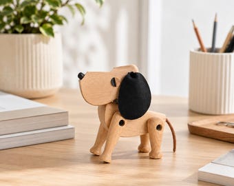 Cachorro de madeira articulado, decoração fofa para casa, enfeite de mesa em madeira natural, presente para amantes de animais de estimação.