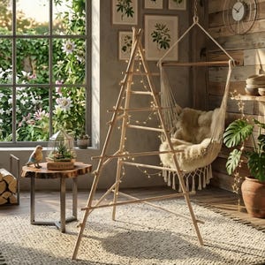 May include: A triangular wooden frame structure decorated with thin string lights, positioned next to a hanging macrame chair with a cream-colored faux fur cushion. The setup includes a small wooden side table with a glass terrarium and a bird figurine.