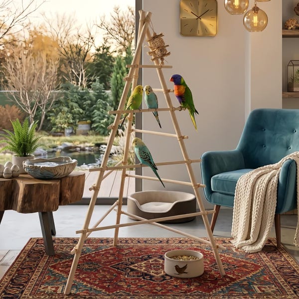 Parrot Playground: Beech Wood Perch (60x60x95cm) Easy-to-assemble parrot playground, Luxury Multi-Level Wooden Bird Playgym