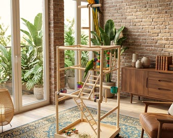 Parque de Diversões Grande para Papagaios: Poleiro e Balanço em Madeira de Faia (55x55x150 cm) - Parque de Diversões de Luxo em Madeira com Vários Níveis para Pássaros, Ideal para Papagaios