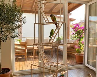 Large Parrot Playground: Beech Wood Perch and Swing (45 x 35 x 150 см) Luxury Multi-Level Wooden Bird Playgym, Floor Playground for Parrots
