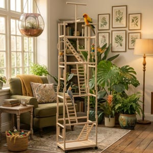 May include: A tall, wooden bird play stand with multiple levels, ladders, and perches. Two colorful birds are perched on the stand. The stand is on wheels and has various toys. The background includes a green armchair, plants, and framed botanical prints.