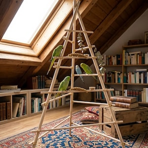 Pode incluir: Um poleiro de madeira para pássaros com vários níveis, projetado em forma triangular. Vários periquitos verdes e azuis estão empoleirados na estrutura. O poleiro está situado em uma sala com claraboia e estantes, criando um ambiente natural para as aves.