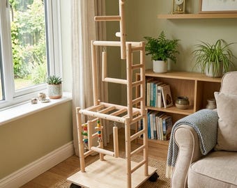 Papageienspielplatz: Buchenholzstange und Schaukel (35x35x100cm) Luxus mehrstöckiger Holzspielplatz für Papageien