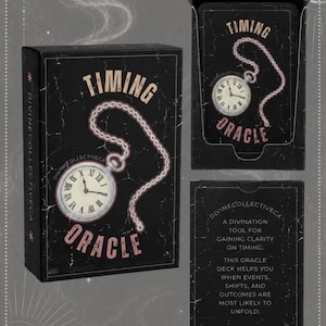 May include: A black oracle card deck box and individual card featuring a white pocket watch illustration with a chain. The text reads Timing Oracle and Divine Collective. The back of the card includes text about gaining clarity on timing.