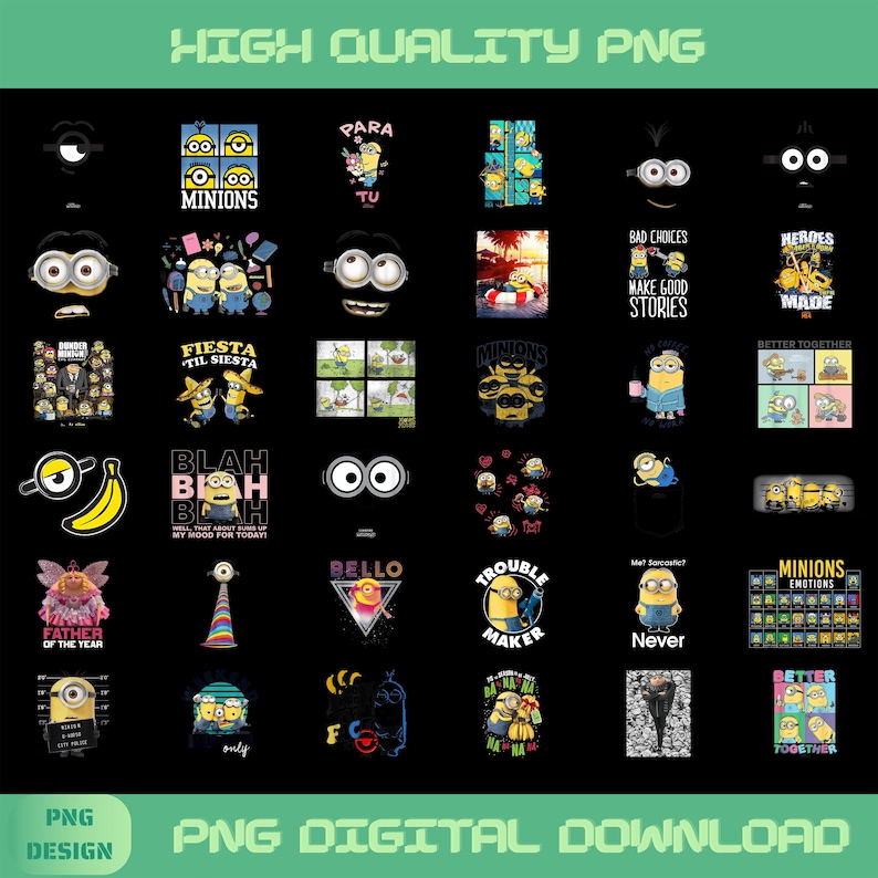 Minions PNG Bundle, Cartoon Character Clipart, High Resolution Transparent PNG Files, Cricut Sublimation Design, Instant Download image 1