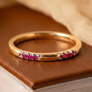 Dainty Lab Ruby Ring, 14K Solid Gold Stackable Band, Minimalist Wedding Ring for Women, Delicate Vintage Boho Anniversary Gift