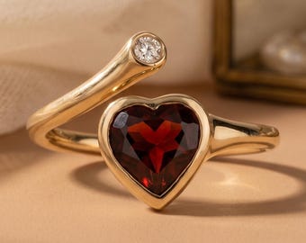 Heart Garnet Bypass Ring, 14K Gold Wrap Promise Ring with Moissanite Accent, Romantic Toi et Moi Jewelry Gift for Girlfriend or Wife