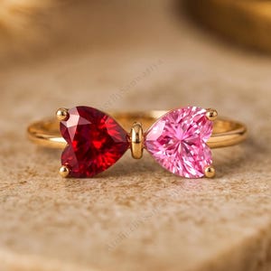 Toi et Moi Heart Ring Lab Created Ruby and Pink Sapphire Bow Ring 14K Gold Plated Silver Promise Ring Romantic Anniversary Gift for Her