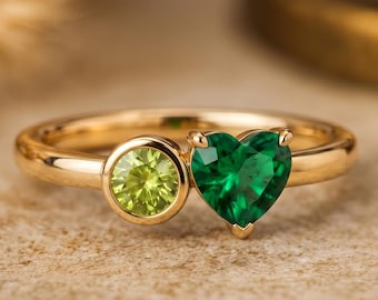 Toi et Moi Ring with Heart Emerald and Round Peridot, Dainty Two Stone Engagement Band, Personalized August May Birthstone Jewelry