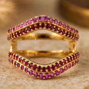 Garnet & Pink Sapphire Ring Enhancer, Gold Plated Silver Double Chevron Ring Guard, Curved Wedding Band, Colorful Stacking Ring Jacket