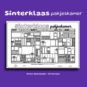 May include: A black and white colouring page titled Sinterklaas pakjeskamer featuring shelves filled with various gift boxes and presents. The bottom section includes a space for a total euro amount and the text Marvelous Originals by Marvelous Cashstuffing.