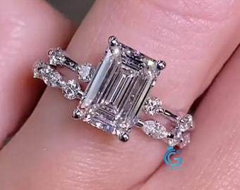3 Carat Lab Grown Diamond Ring Set, Emerald Cut Engagement Ring, Marquise and Round Side Stone Bridal Set For Women