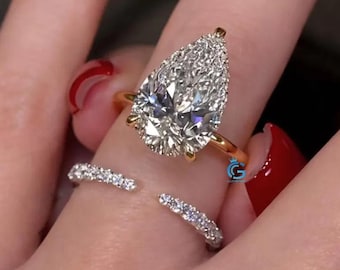 4Ct Pear Cut Moissanite Wedding Bridal Set 14K Solid Gold Hidden Halo Anniversary Ring Half Eternity Open Band Solitaire Engagement Ring Set