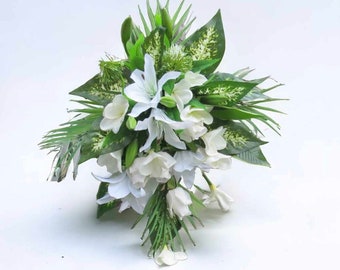 LARGE Cascade Hawaiian Wedding Bouquet  Tropical Hawaiian Lily Plumeria White Green