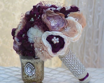 Sale FULL PRICE Gatsby Wedding Bouquet Brooch Fabric flower Eggplant Plum Taupe Ivory