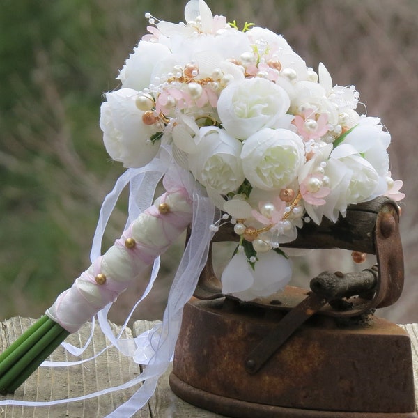 SMALL Wedding Communion SILK Bouquet off white Pink jeweled