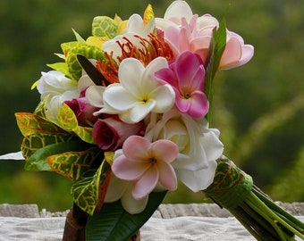 Hawaiian Bridal Wedding Bouquet Tropical Real Touch Pink PlumeriaOrange Protea Orchid Rose Colorful