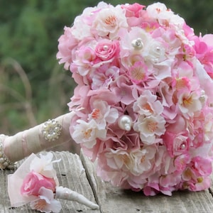 FULL PRICE 9"-10" Cherry Blossom Bouquet and FREE Boutonniere Blush Pink  Rose