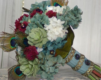 Sale LARGE Wedding Bouquet Peacock Feather Preserved Roses Aqua Teal