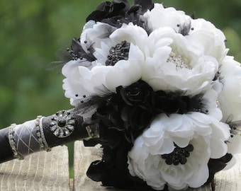 SALE Black and White Gatsby Brooch Wedding Peony Bouquet Goth Steampunk