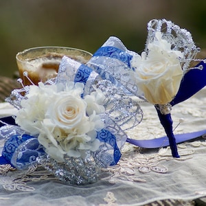 Corsage and or Boutonniere Set Preserved Real Rose and Silver Cobalt Blue Rhinestone Kennedy